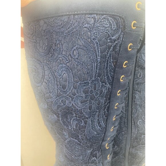 Knee-High Navy Blue Lace-Up High Boots Sz 7 Stiletto & Side Zipper Goth Witchy - Picture 4 of 16